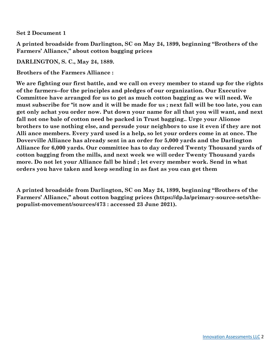 Farmers' Alliance broadside from Darlington, SC urging members to order cotton bagging instead of Trust bagging