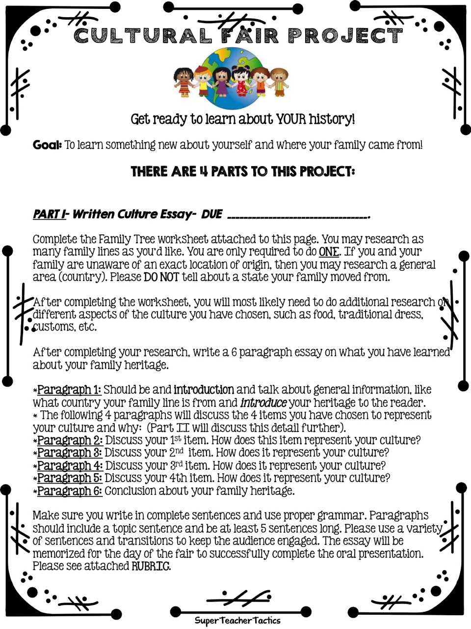 Culture essay directions: students research one family line and plan a 6-paragraph heritage essay on 4 culture items