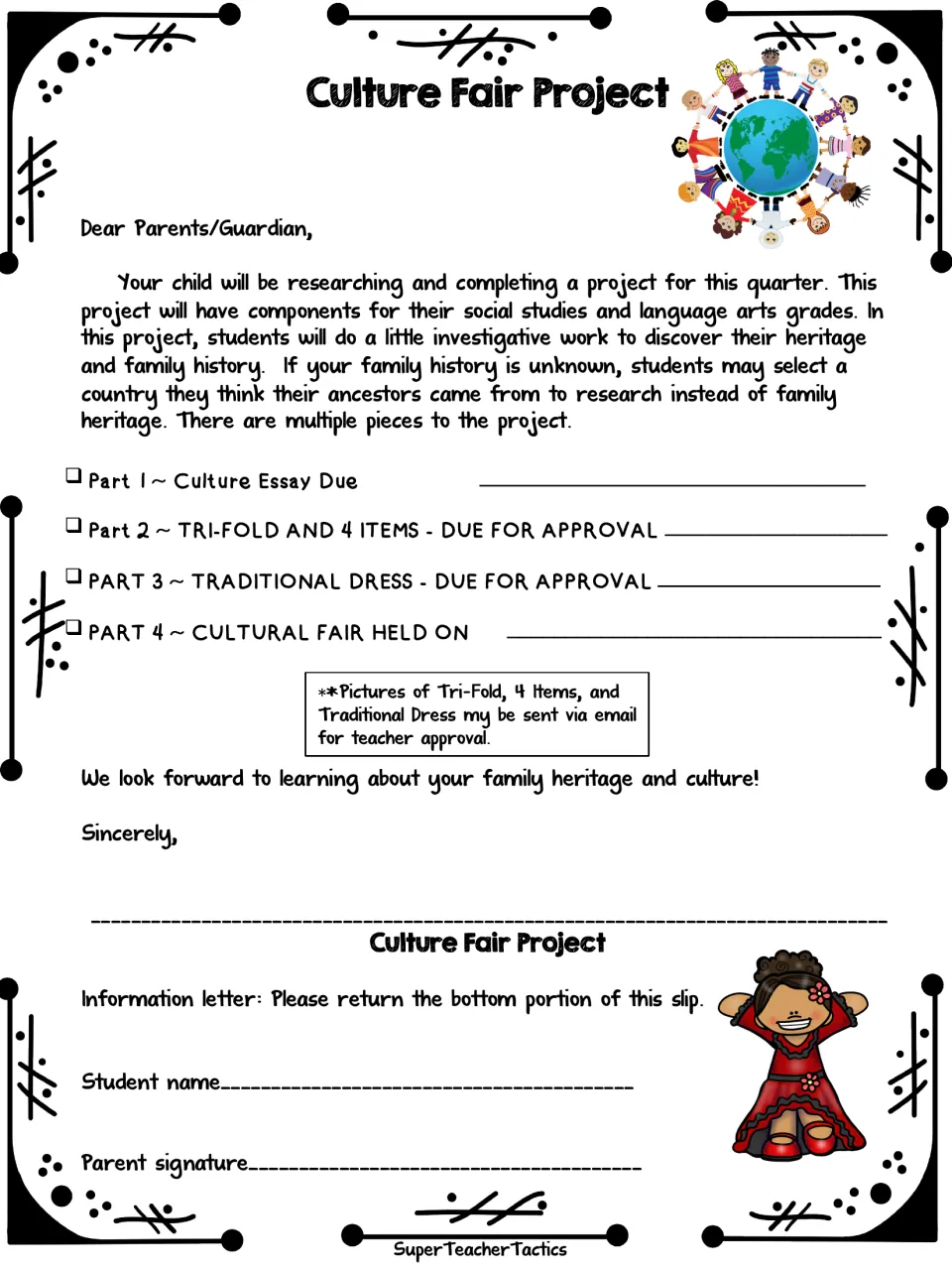 Parent letter explaining the heritage research project, four due-date checkboxes and a signed return slip at the bottom