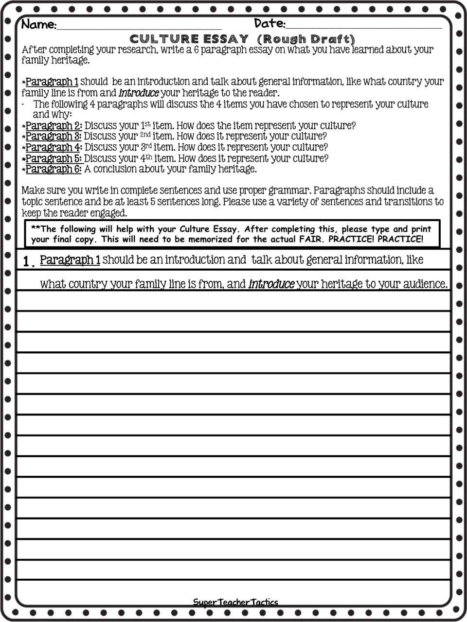 Culture essay rough draft: essay directions recap, then lined space for paragraph 1 introducing the family's country