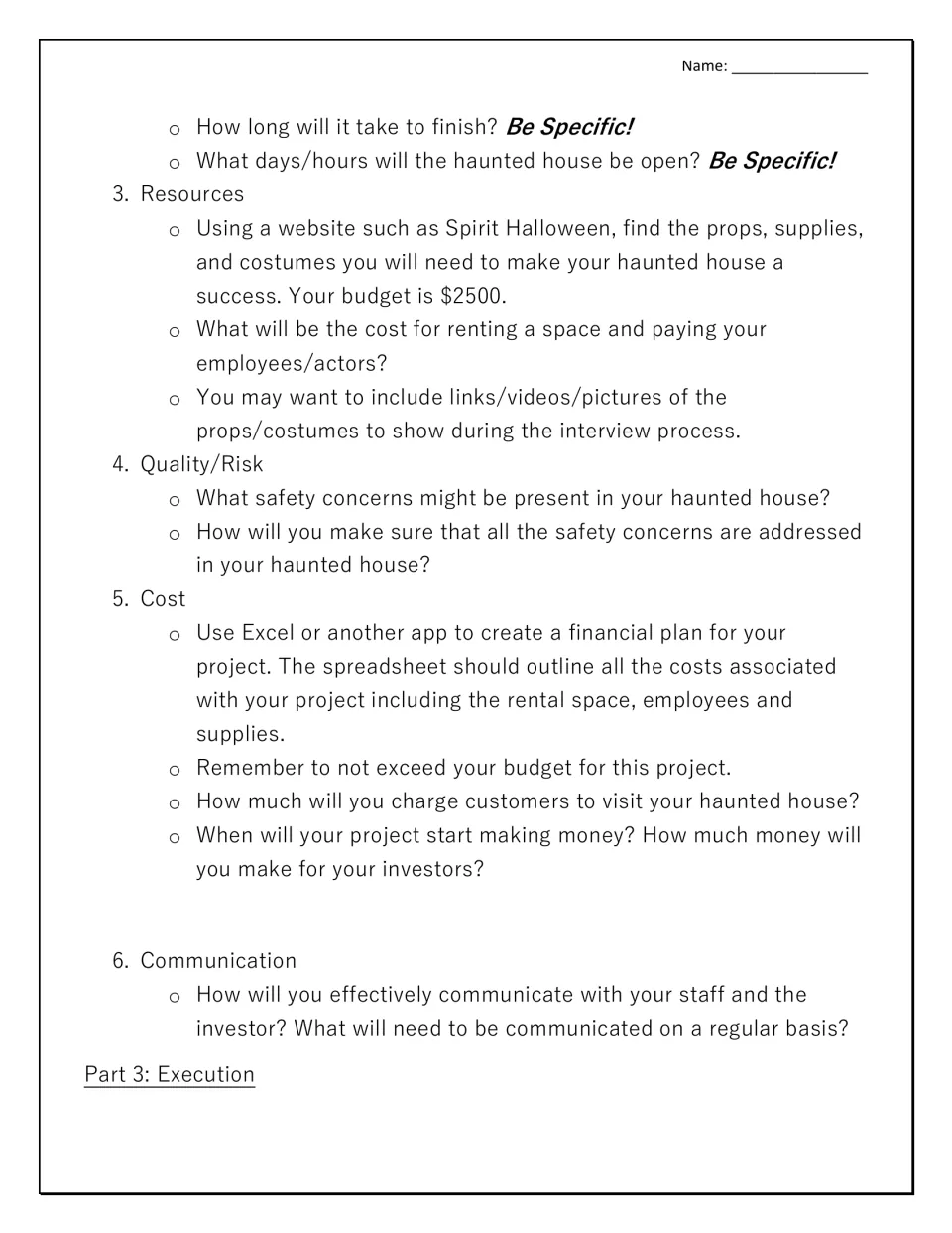 Haunted house planning guidelines: a $2,500 budget, resources, safety, costs, and staff communication.