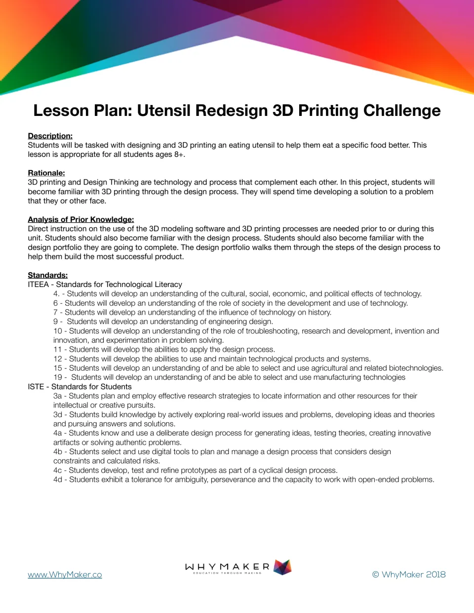 Utensil Redesign 3D Printing Challenge lesson plan: description, rationale, prior knowledge, and ITEEA and ISTE standards