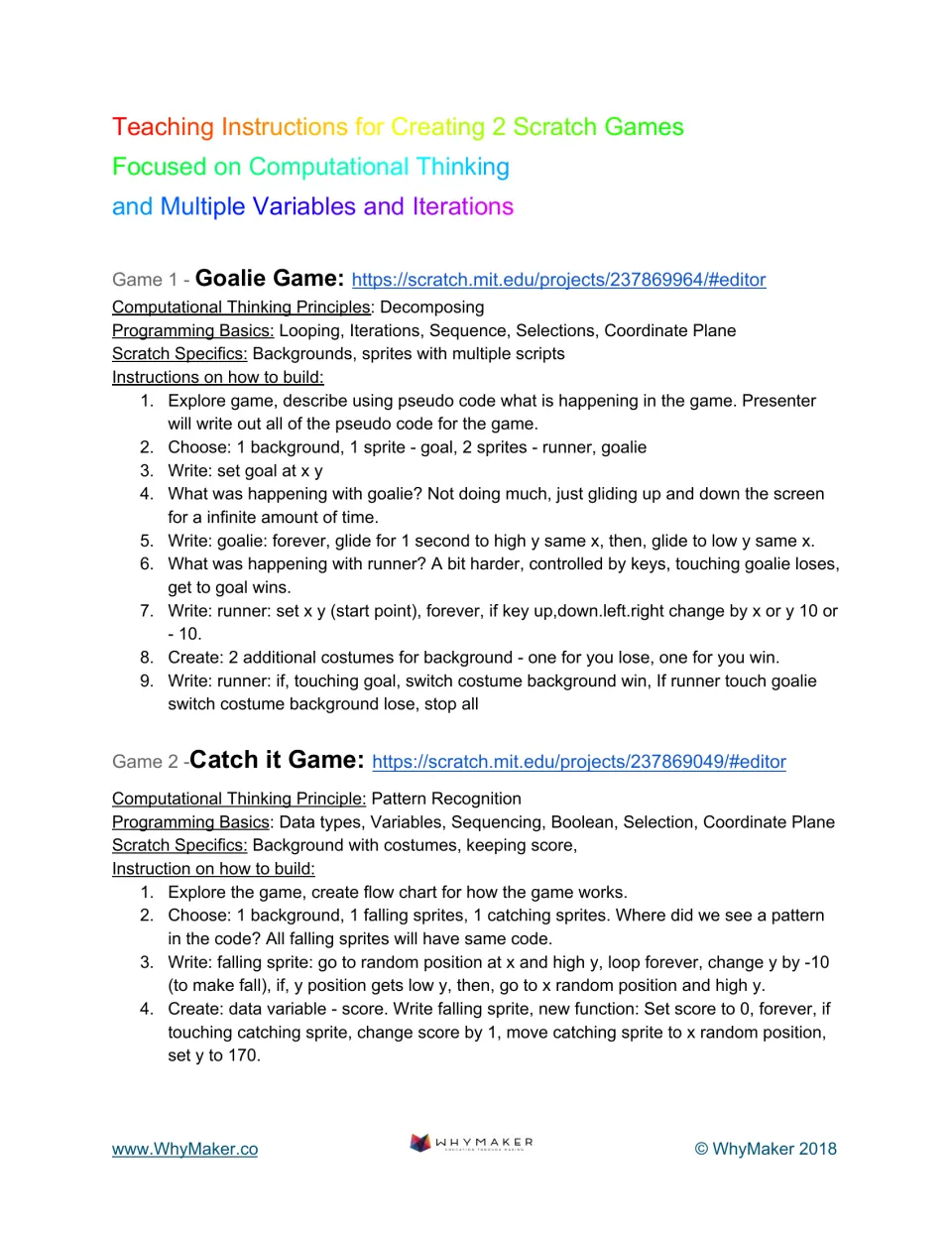 Scratch game build steps: students code a Goalie Game by decomposing and a Catch it Game with a score variable