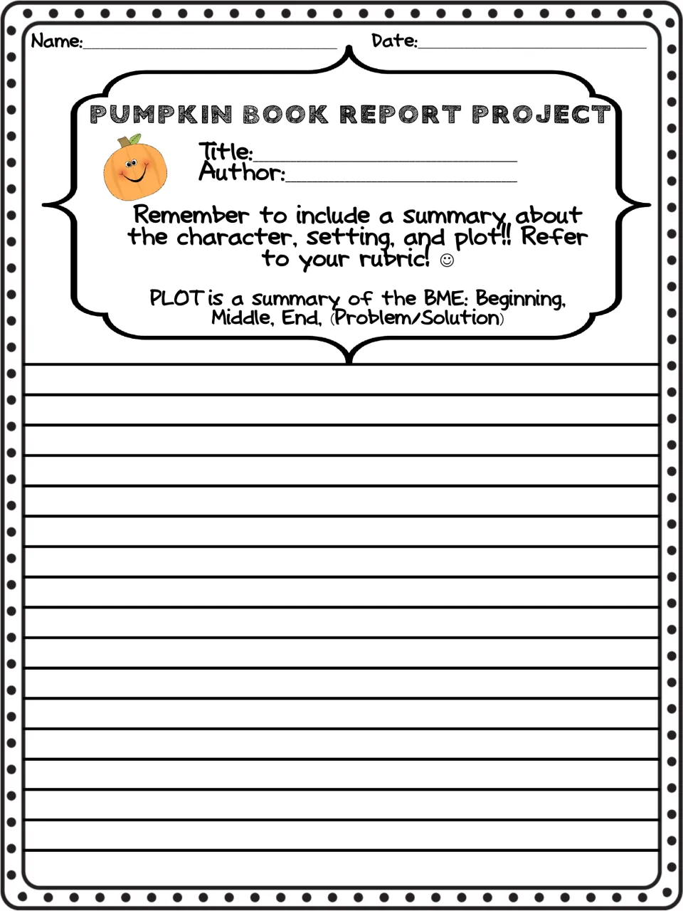 Book summary: students record title and author, then summarize character, setting and plot as beginning, middle, end