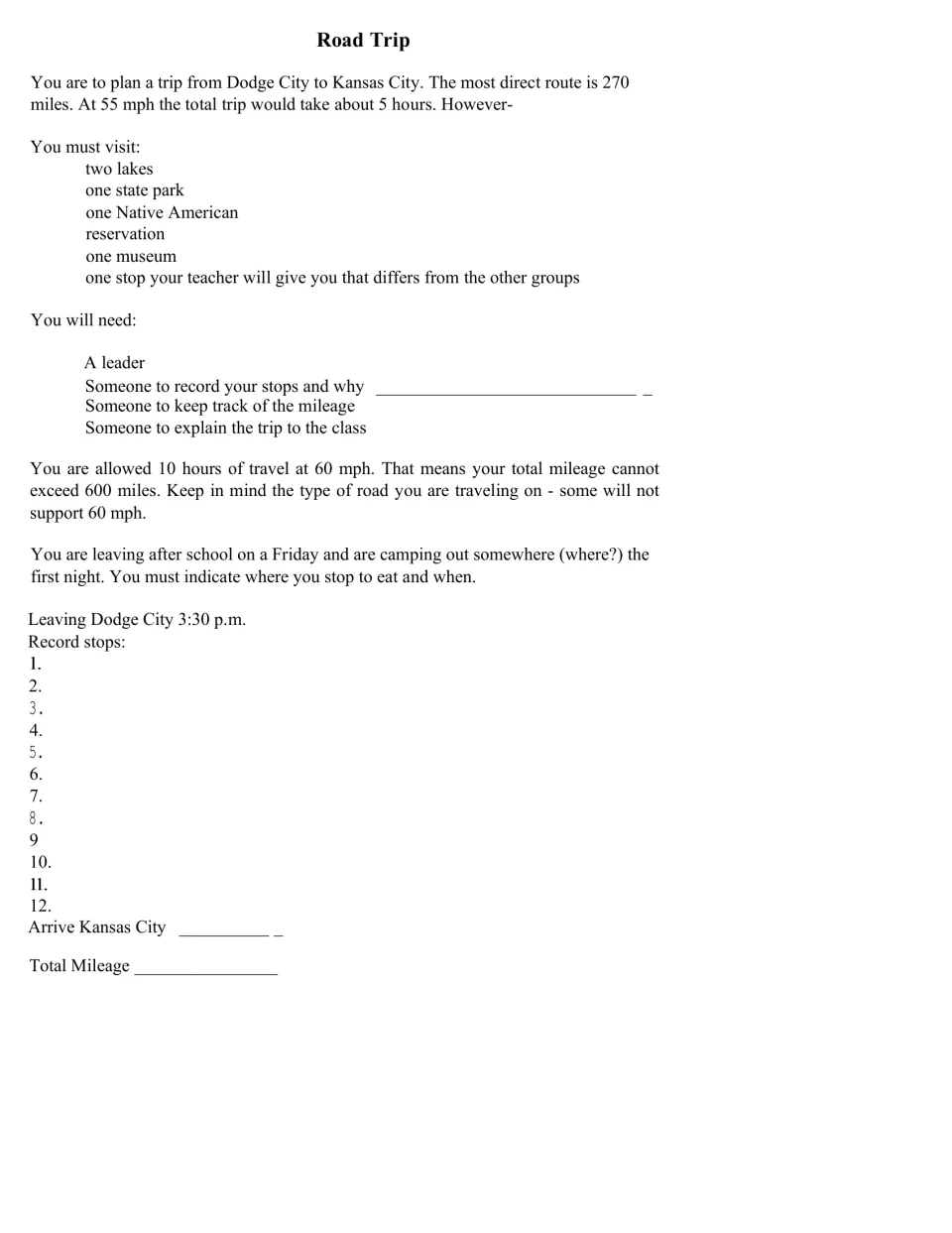 Trip planning sheet: Dodge City to Kansas City, required stops, group roles, and a 600-mile travel limit