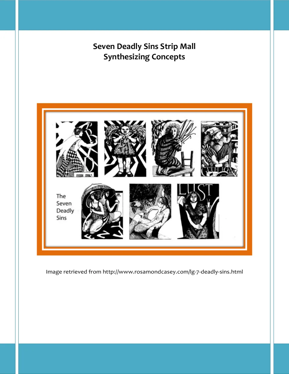 Seven Deadly Sins Strip Mall cover, Synthesizing Concepts, with seven black-and-white illustrations of the sins
