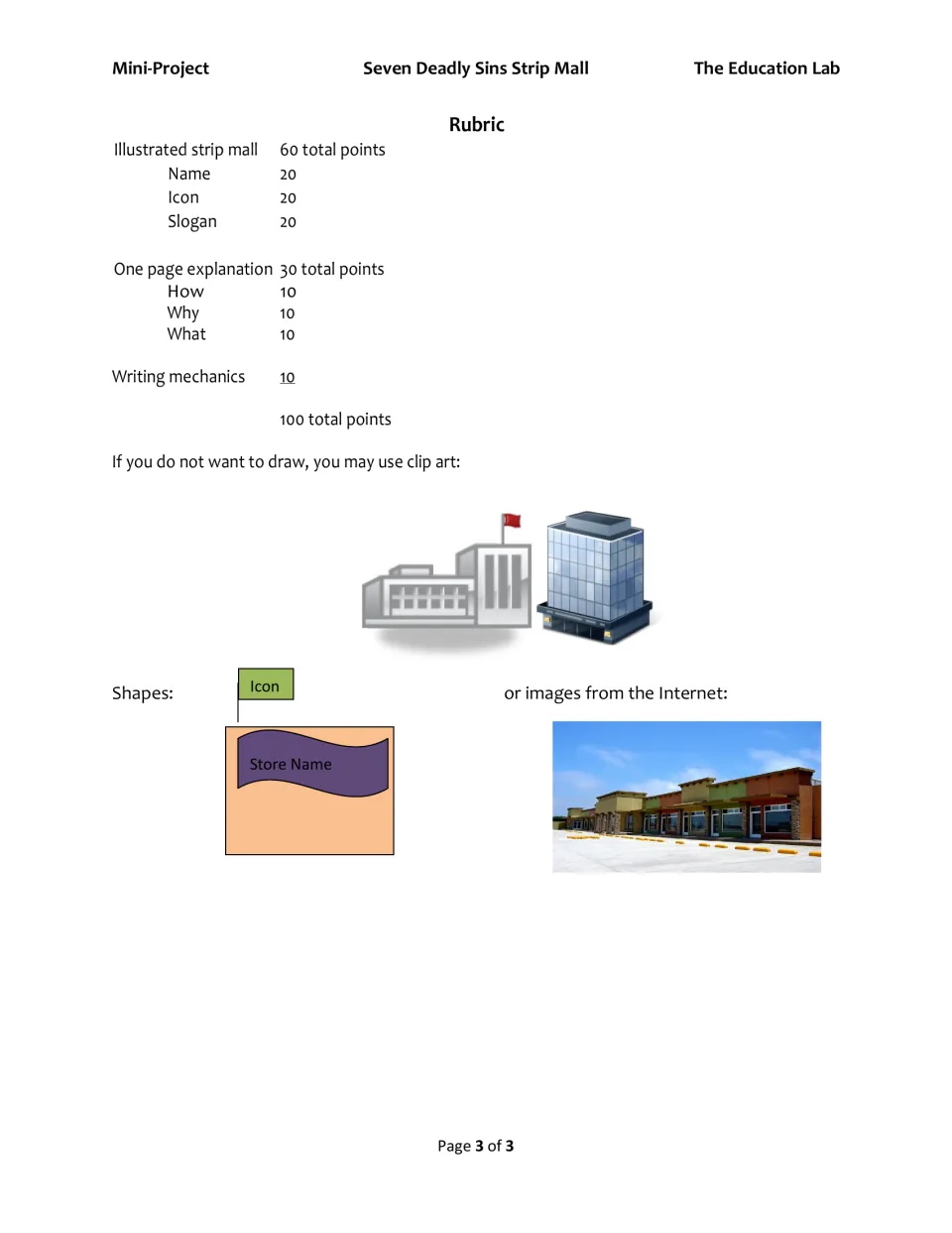 Rubric scoring the illustrated mall, one-page explanation and mechanics out of 100, with clip art and shapes for stores
