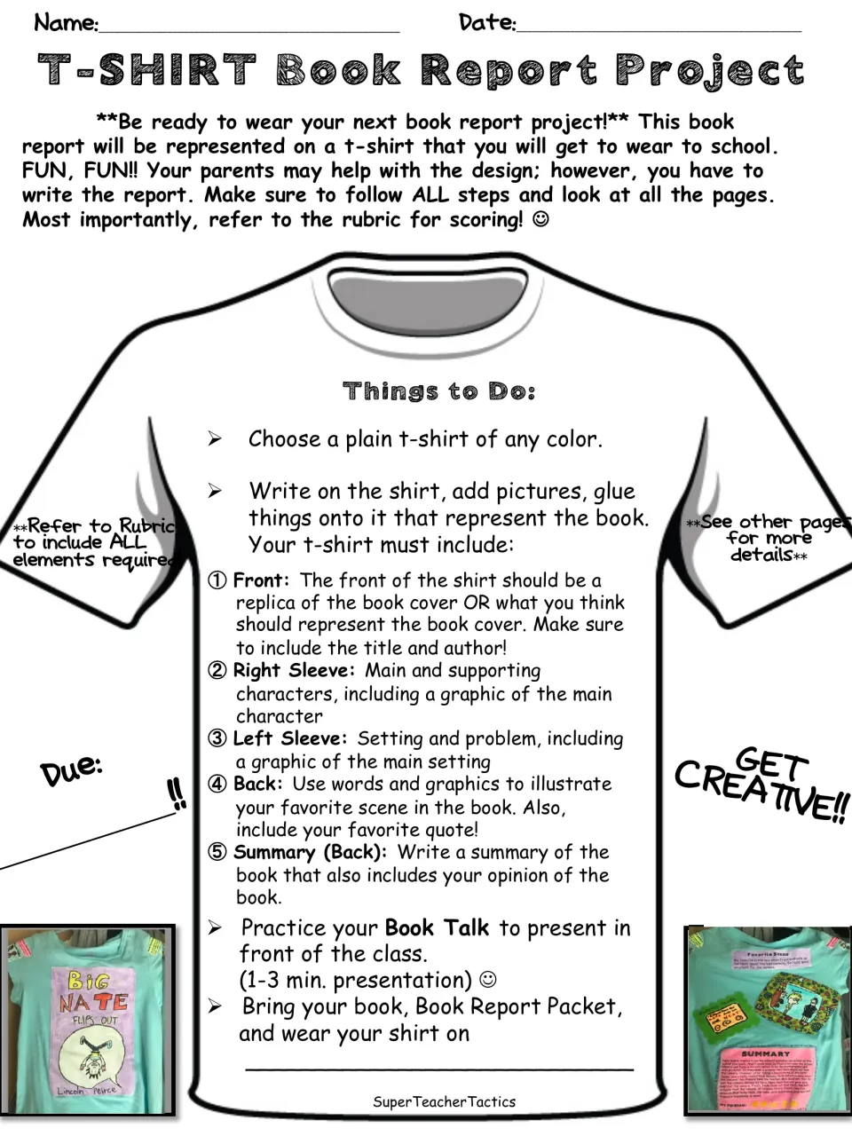 Book report project directions assign content to the shirt's front, sleeves, and back, plus a book talk.