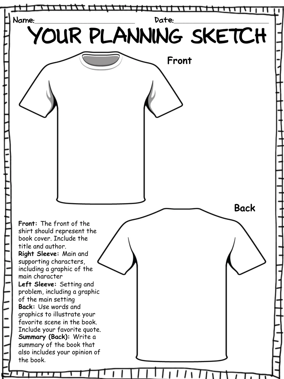 Book report planning sketch sheet has front and back shirt outlines for a cover, characters, and setting.