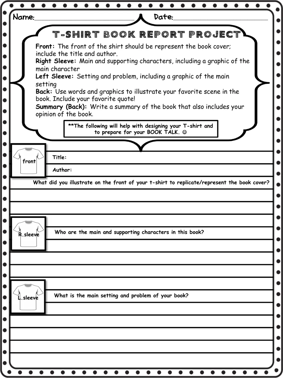 Book report planning prompts ask for the title, author, cover illustration, characters, setting, and problem.