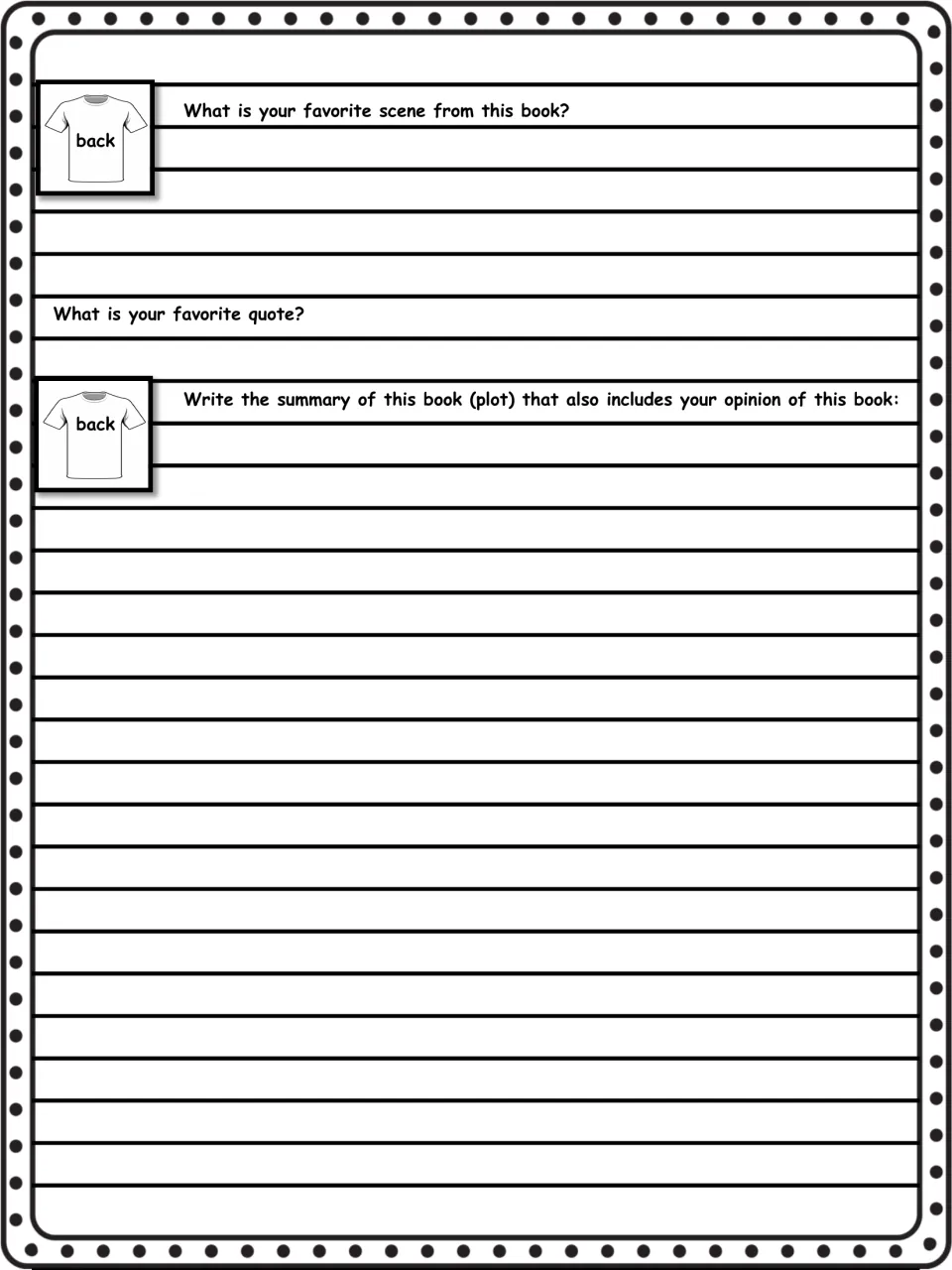 Book report writing prompts ask for a favorite scene, favorite quote, and plot summary with an opinion.