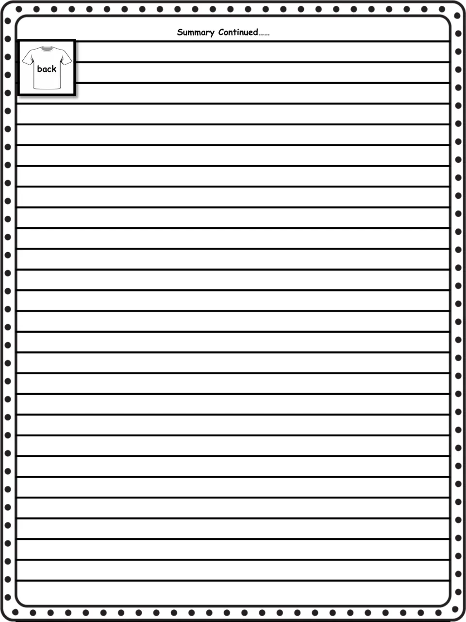 Book report summary continuation sheet provides more writing space for the summary planned for the shirt back.