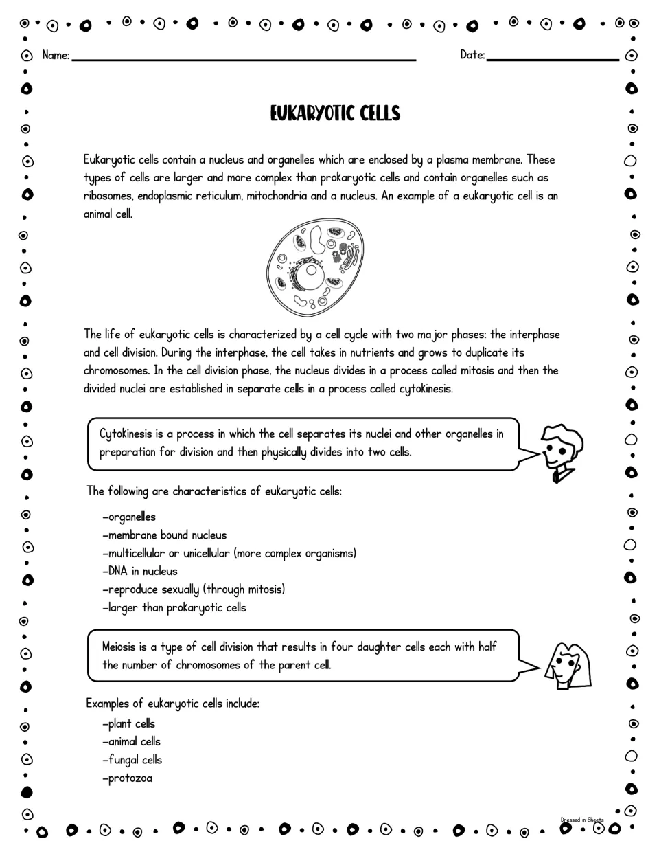 Eukaryotic cells reading: nucleus, organelles, cell cycle, mitosis, cytokinesis and meiosis, with plant and animal examples