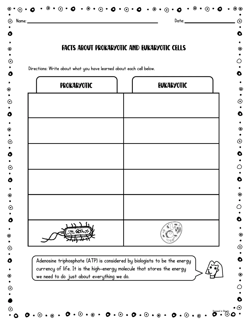 Cell comparison recall: students write facts they have learned about prokaryotic and eukaryotic cells under each heading