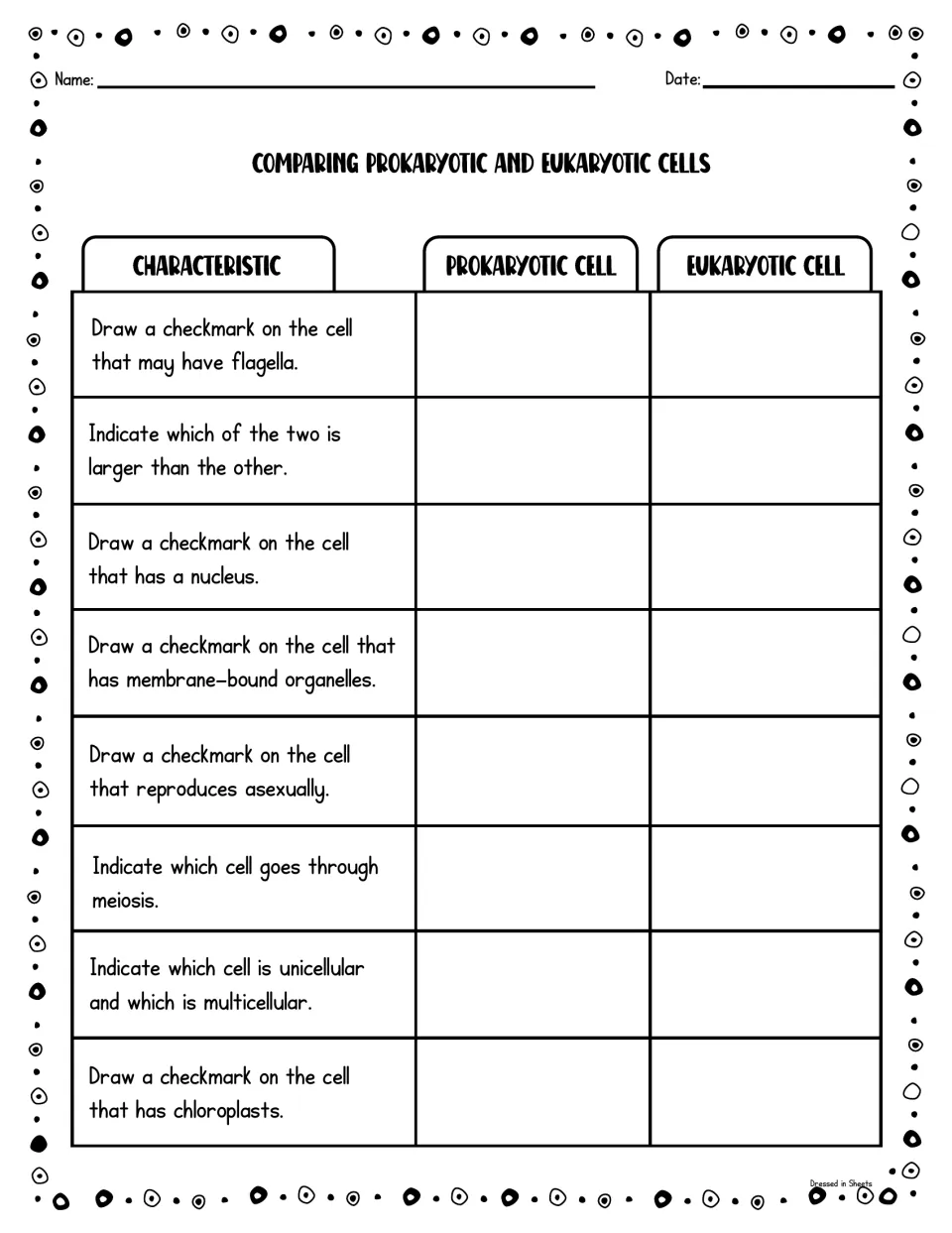 Characteristics check: students mark whether prokaryotic or eukaryotic cells have a nucleus, flagella, chloroplasts and more