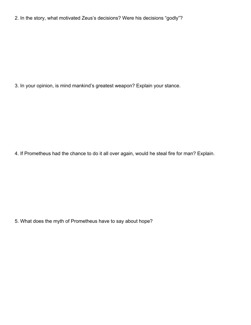 Story guide questions 2–5 ask about Zeus's motives, the human mind, Prometheus stealing fire, and hope.