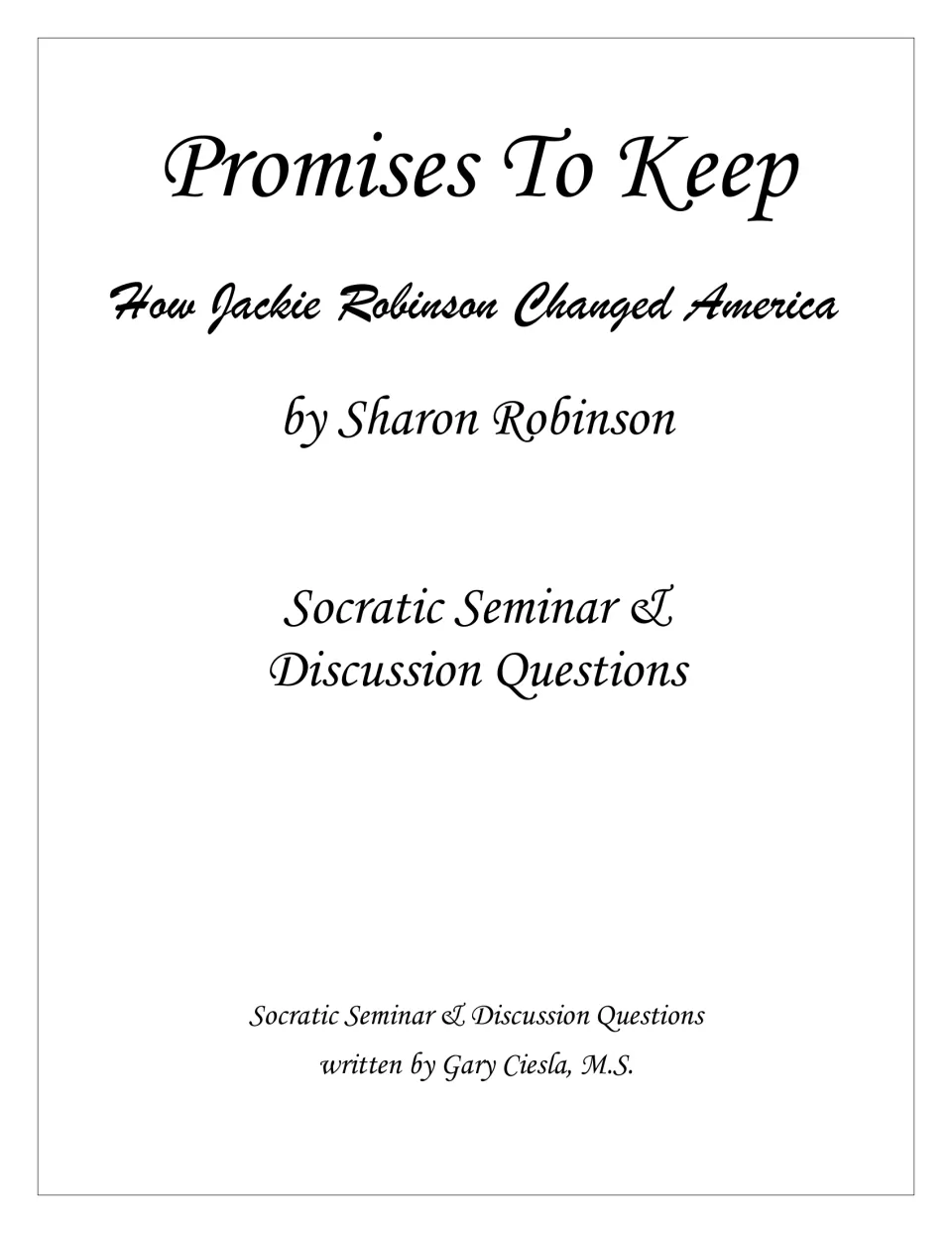 Cover: Socratic seminar and discussion questions for Promises to Keep, Sharon Robinson's book about Jackie Robinson