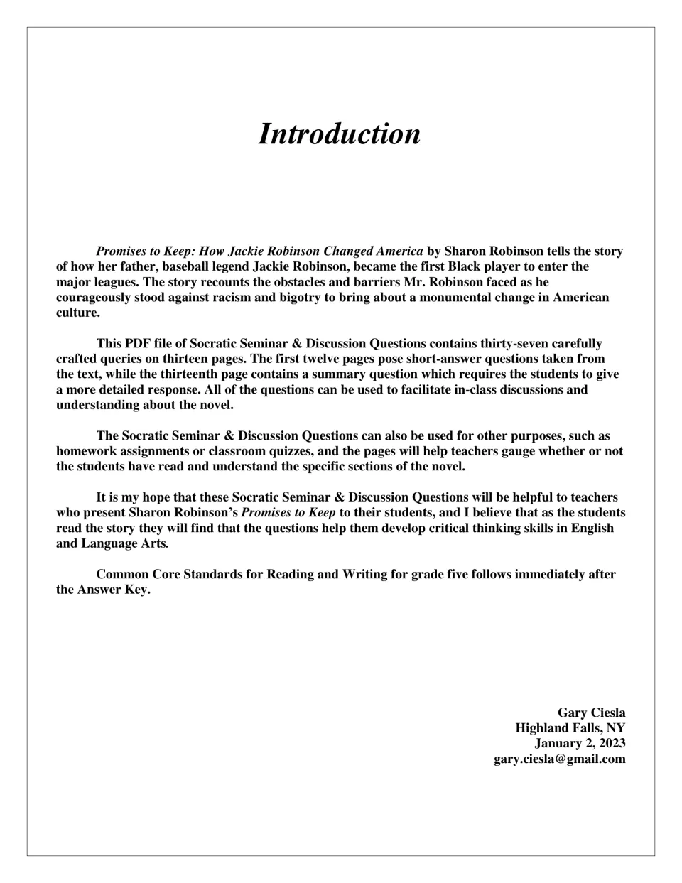 Introduction: author's note explaining 37 discussion questions over 13 pages, plus uses for homework and quizzes