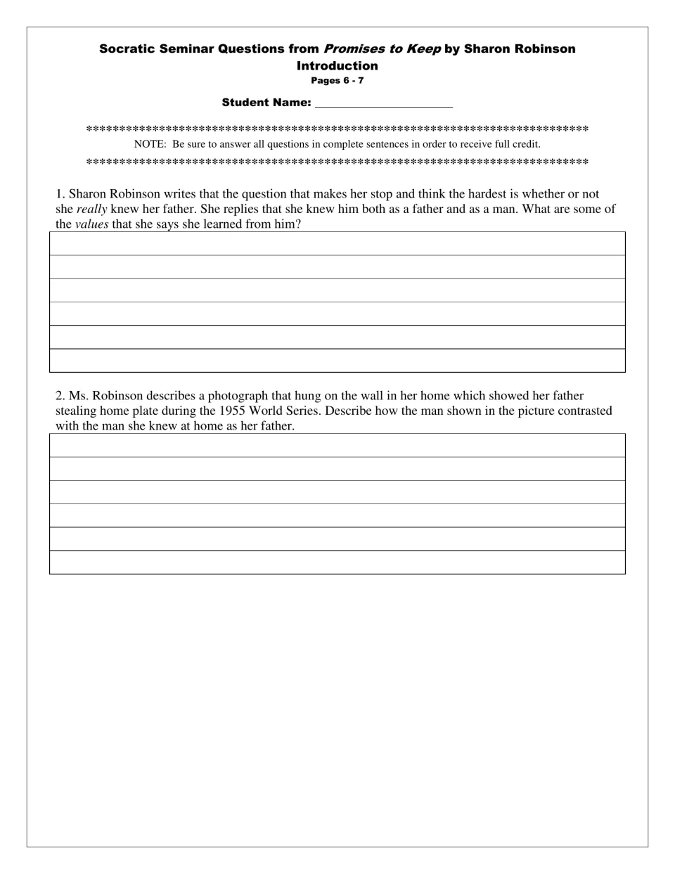 Introduction, pages 6-7: students name values Sharon Robinson learned from her father and contrast him with a 1955 photo