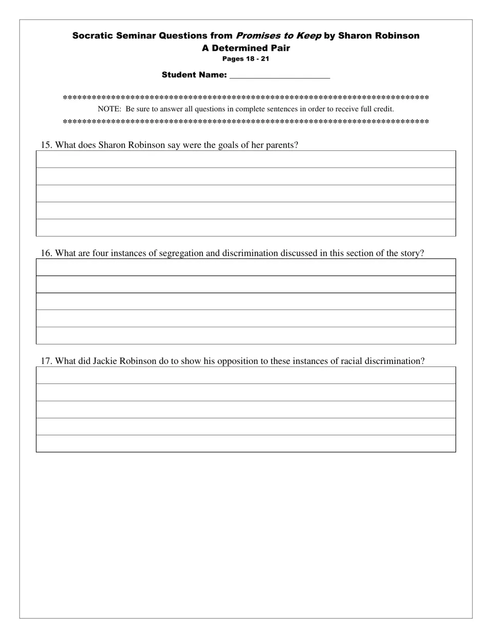 A Determined Pair, pages 18-21: students describe the Robinsons' goals, four segregation examples and Jackie's response