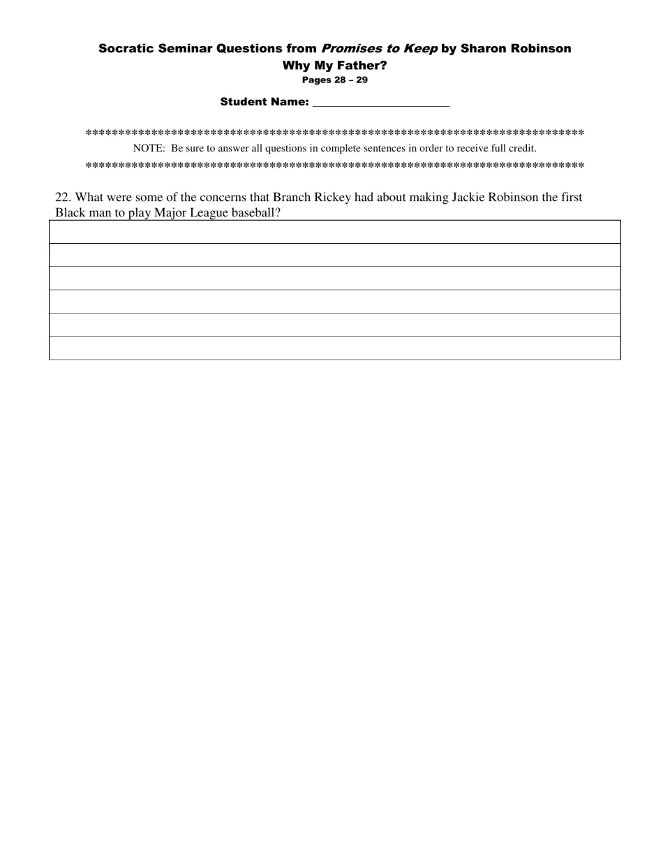 Why My Father?, pages 28-29: students explain Branch Rickey's concerns about the first Black major leaguer
