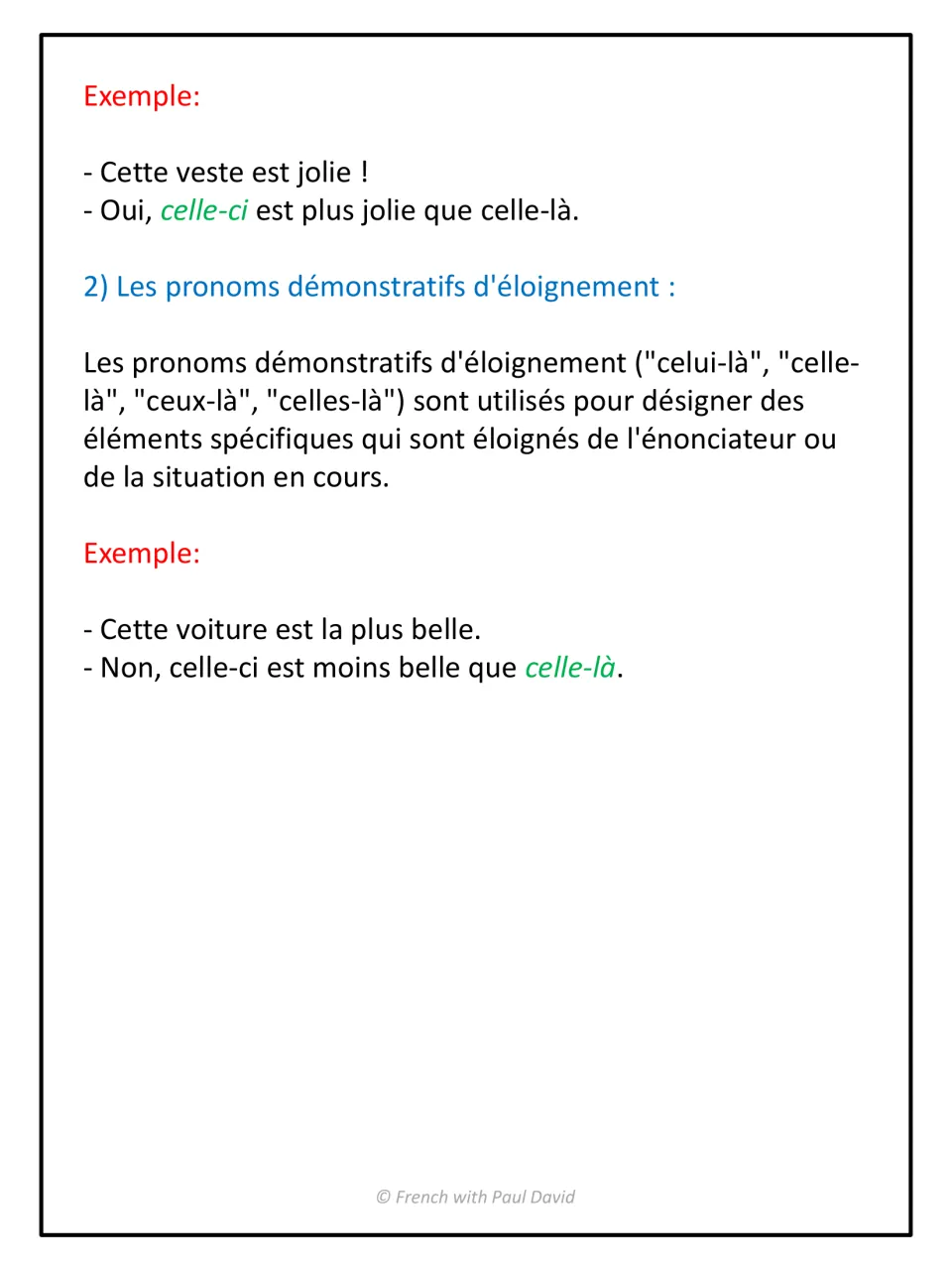 Proximity vs. distance pronouns in French: celle-ci and celle-là shown in example dialogues about a jacket and a car
