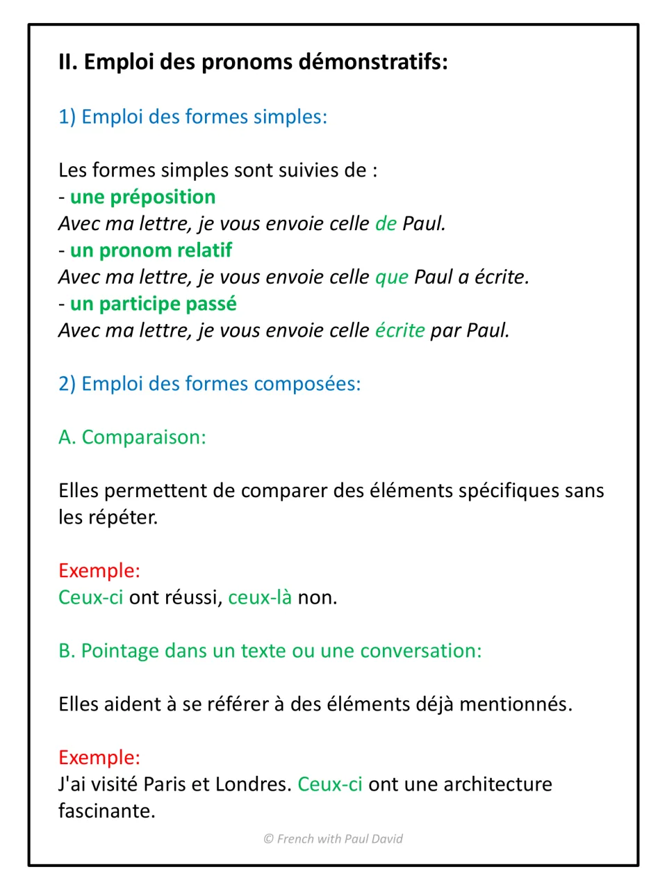 Using demonstratives: simple forms before a preposition, relative pronoun or past participle; compound forms to compare