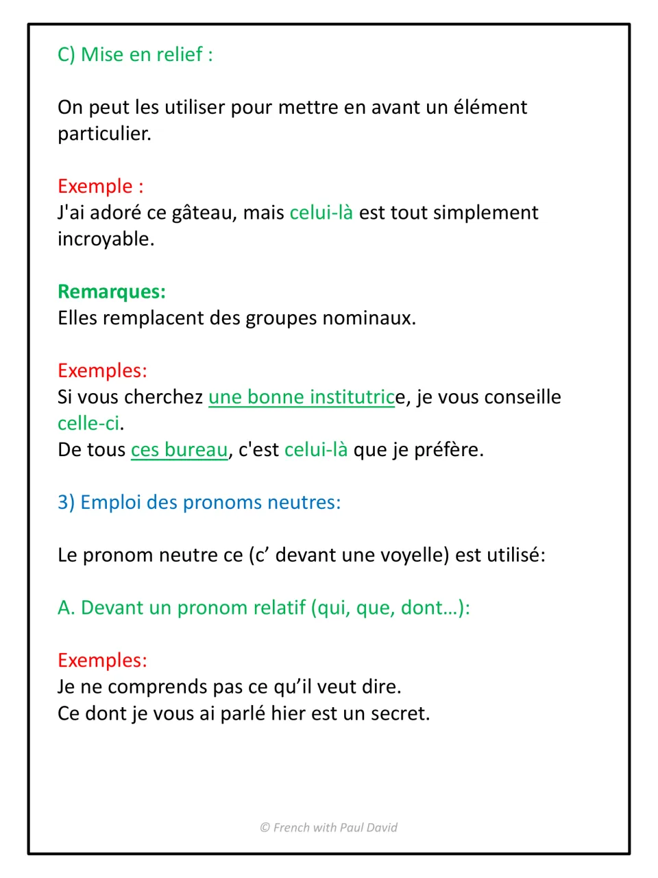 Emphasis with celui-là and celle-ci replacing noun groups, then the neutral pronoun ce before qui, que and dont