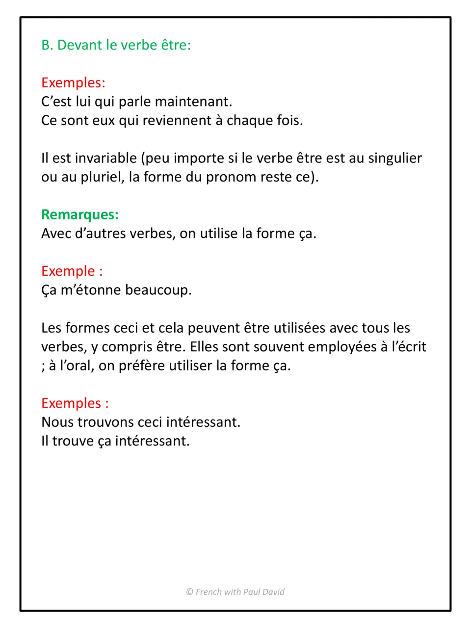 Neutral pronoun ce before the verb être (c'est, ce sont), plus when to use ça, ceci and cela in speech and writing