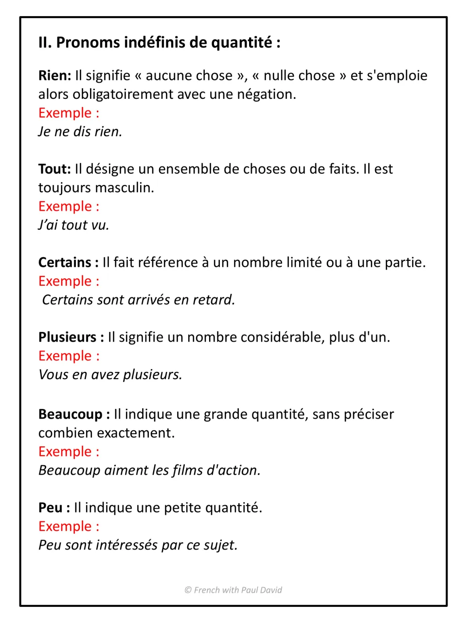 Pronoms indéfinis de quantité: meanings of rien, tout, certains, plusieurs, beaucoup and peu, each with an example sentence