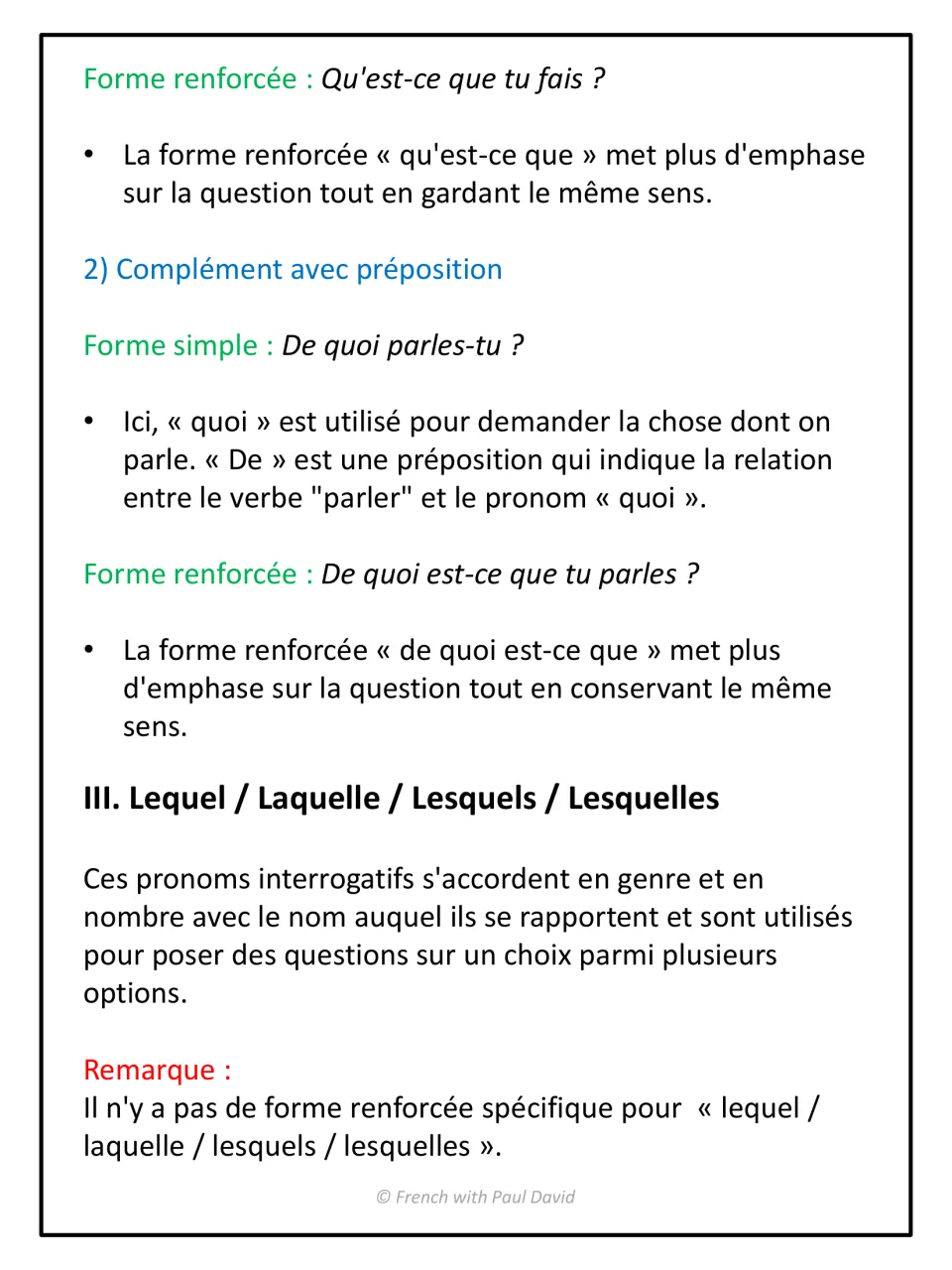 French notes on qu'est-ce que and de quoi, then lequel, laquelle, lesquels, lesquelles agreeing in gender and number