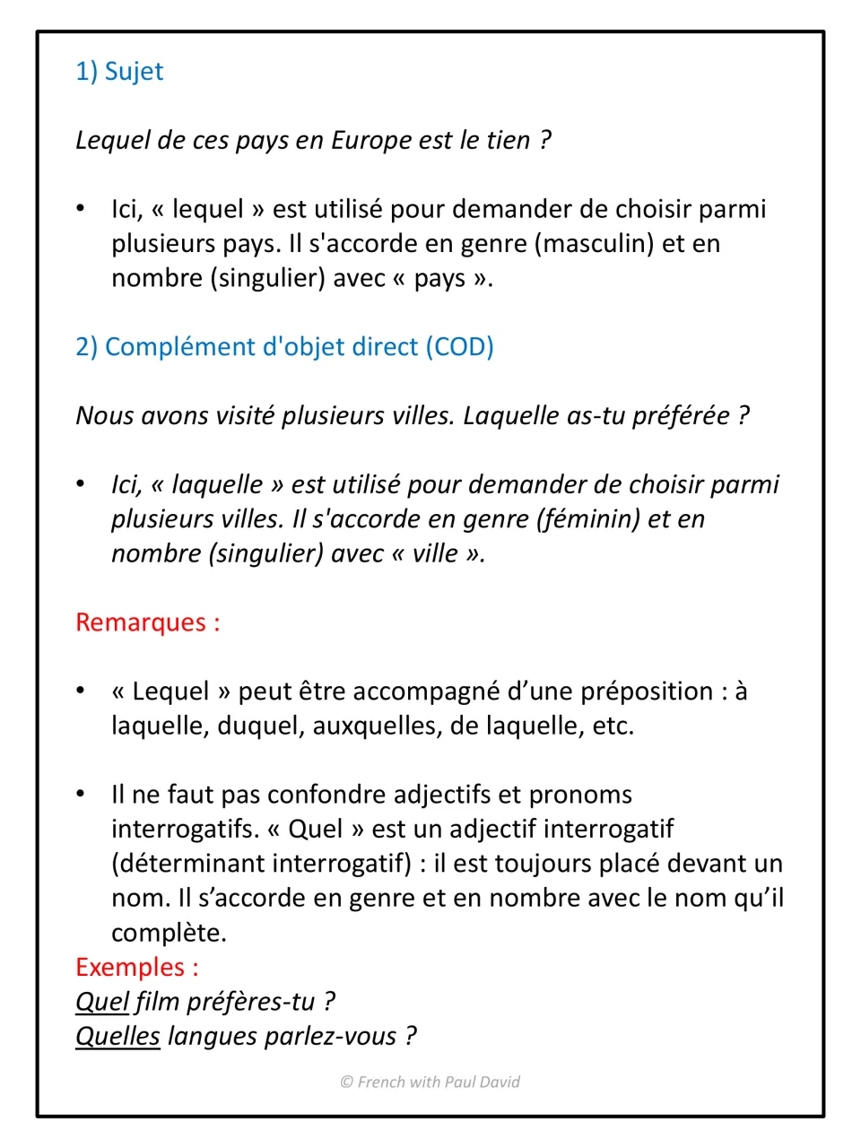 French notes on lequel and laquelle as subject and object, prepositions like duquel, and quel as an interrogative adjective