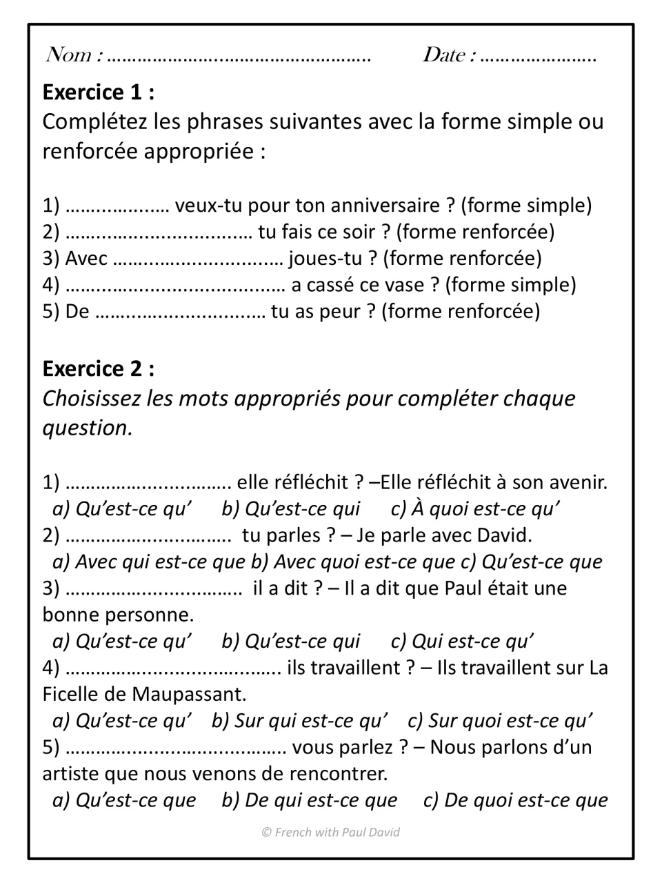 French question fill-ins: students complete 5 questions with simple or reinforced pronouns, then pick a, b or c for 5 more