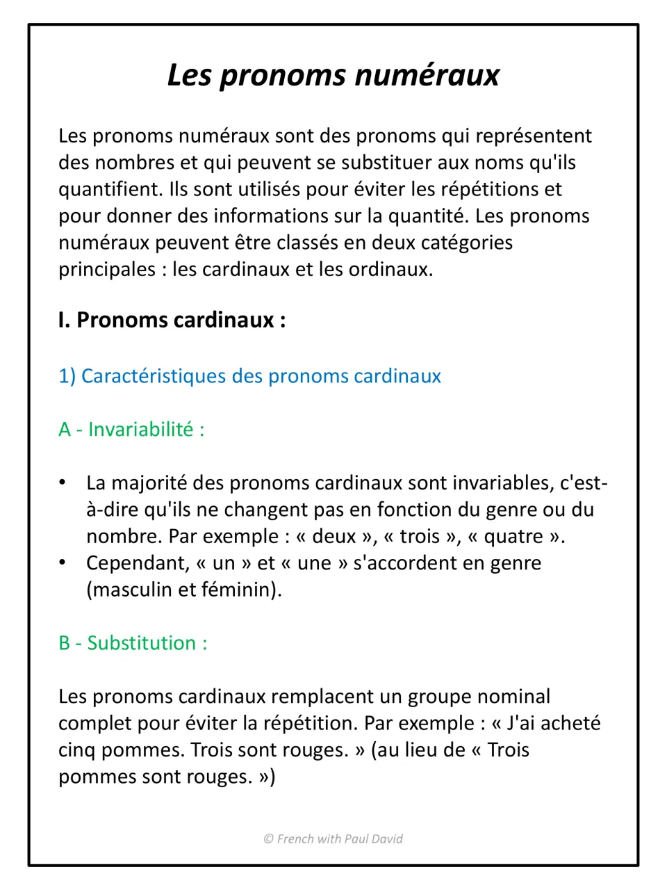 French numeral pronouns lesson: defines cardinal pronouns and explains their invariability and noun substitution