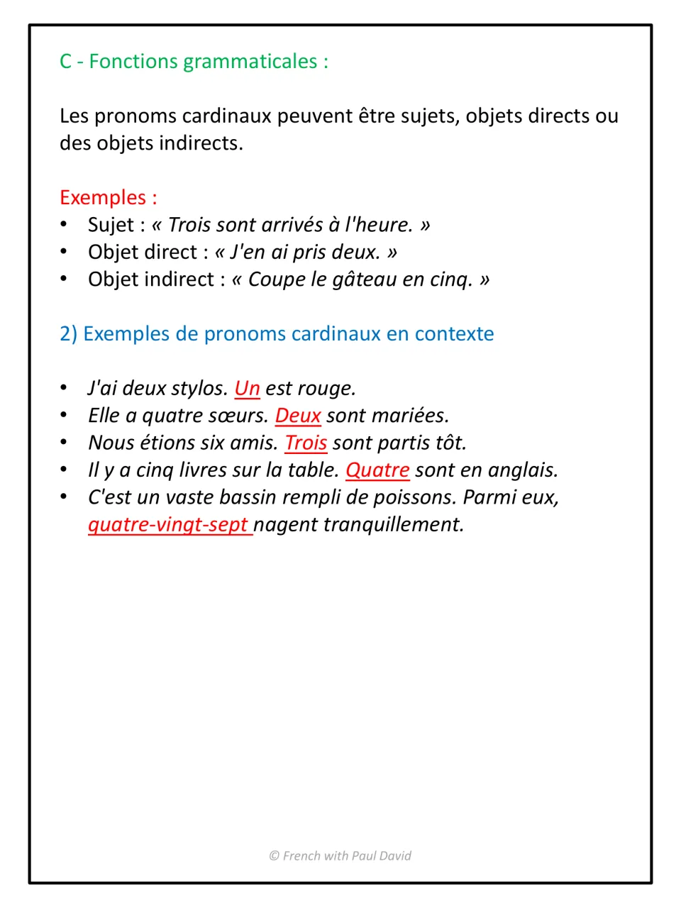 Cardinal pronouns as subject, direct and indirect object, plus five example sentences with the pronoun underlined in red