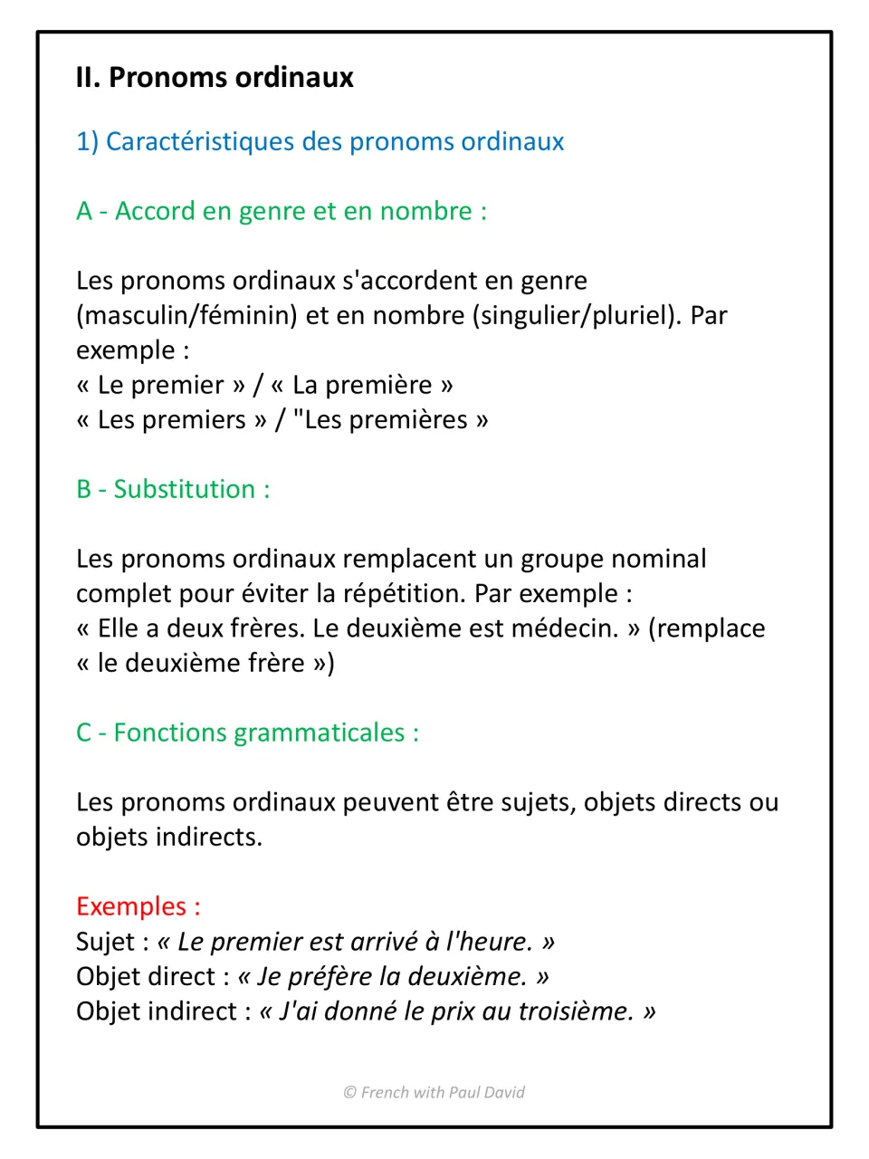 Ordinal pronouns: gender and number agreement (le premier, la première), substitution and grammatical functions