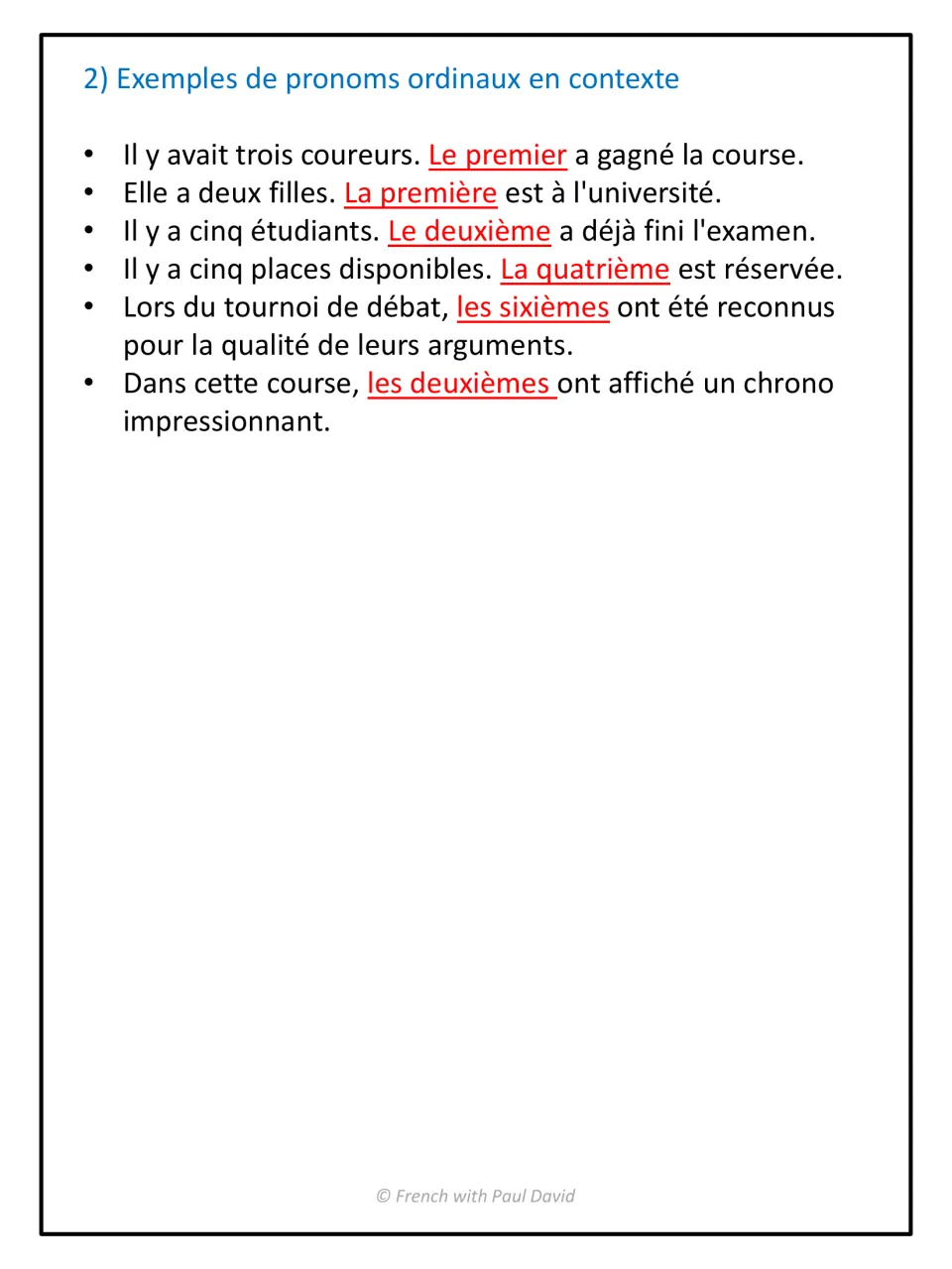 Ordinal pronouns in context: six French sentences with the ordinal pronoun underlined, such as le premier, la quatrième
