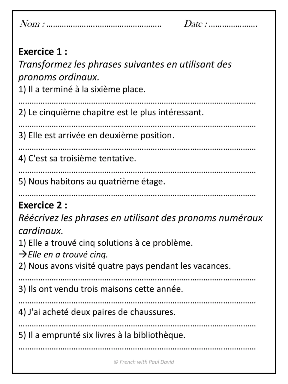 Rewriting practice: students replace nouns with ordinal pronouns in five sentences, then with cardinal pronouns using en