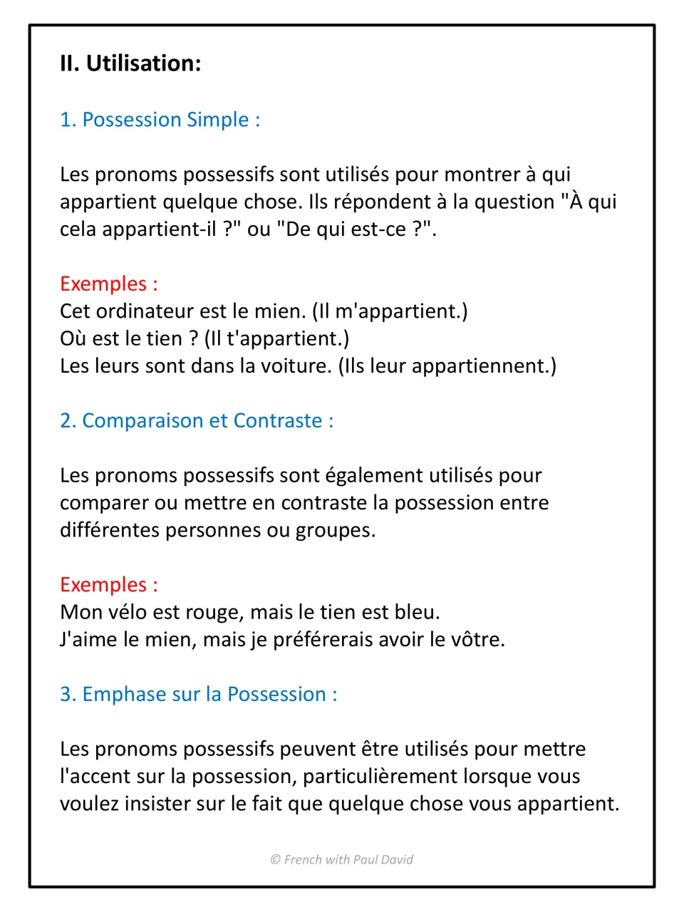 II. Utilisation: possessive pronouns for simple possession, comparison and contrast, and emphasis, with French examples
