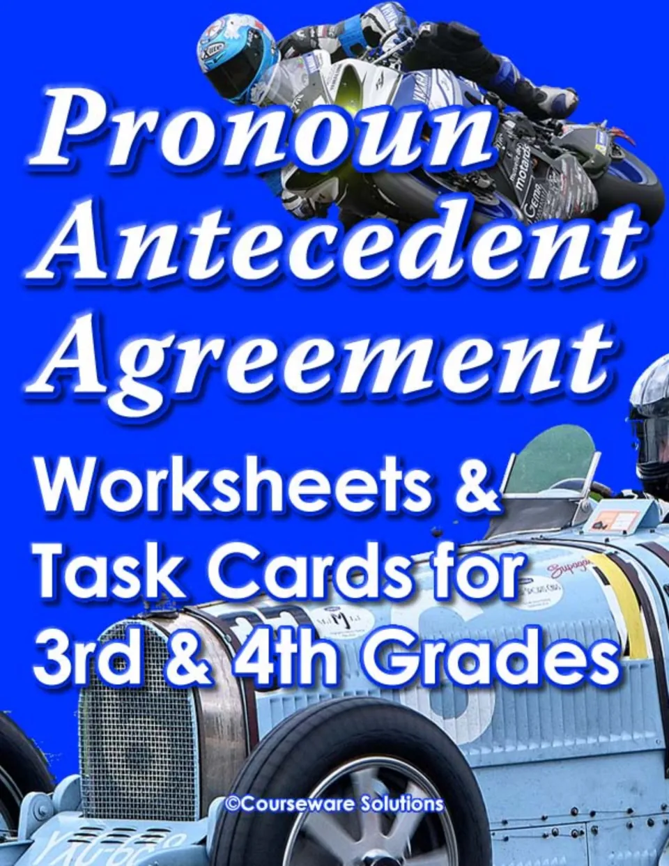 Pronoun Antecedent Agreement cover identifying worksheets and task cards for third and fourth grades