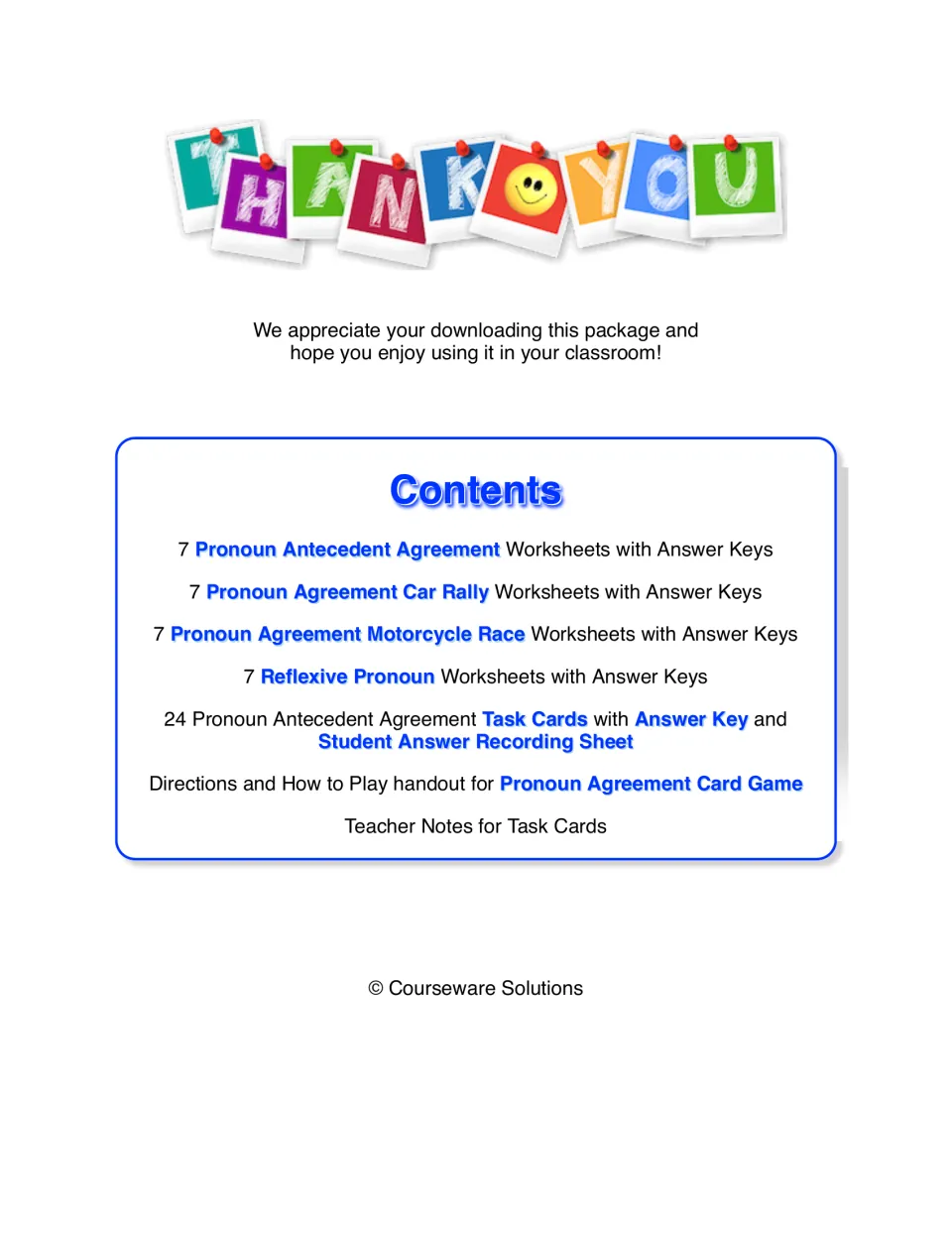 Contents list: four sets of seven pronoun worksheets, 24 task cards, answer keys, and card-game directions