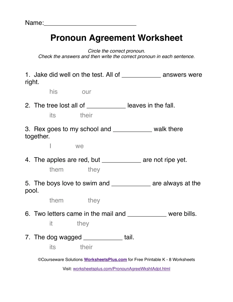 Pronoun agreement practice: seven sentences about Jake's answers, a tree's leaves, Rex, apples, and more