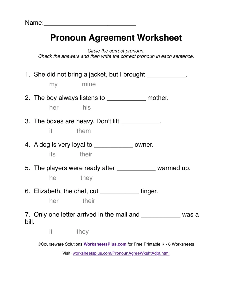Pronoun agreement practice: seven sentences about a jacket, a boy, boxes, a dog, players, a chef, and mail