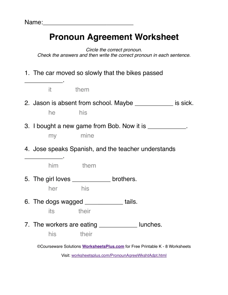Pronoun agreement practice: seven sentences about a car, Jason, a game, Jose, a girl, dogs, and workers