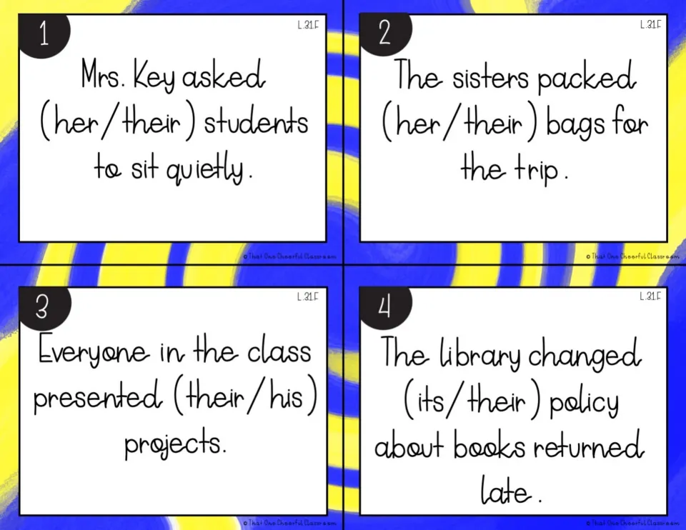 Pronoun-antecedent agreement cards 1-4: students choose her or their, their or his, its or their to match each noun