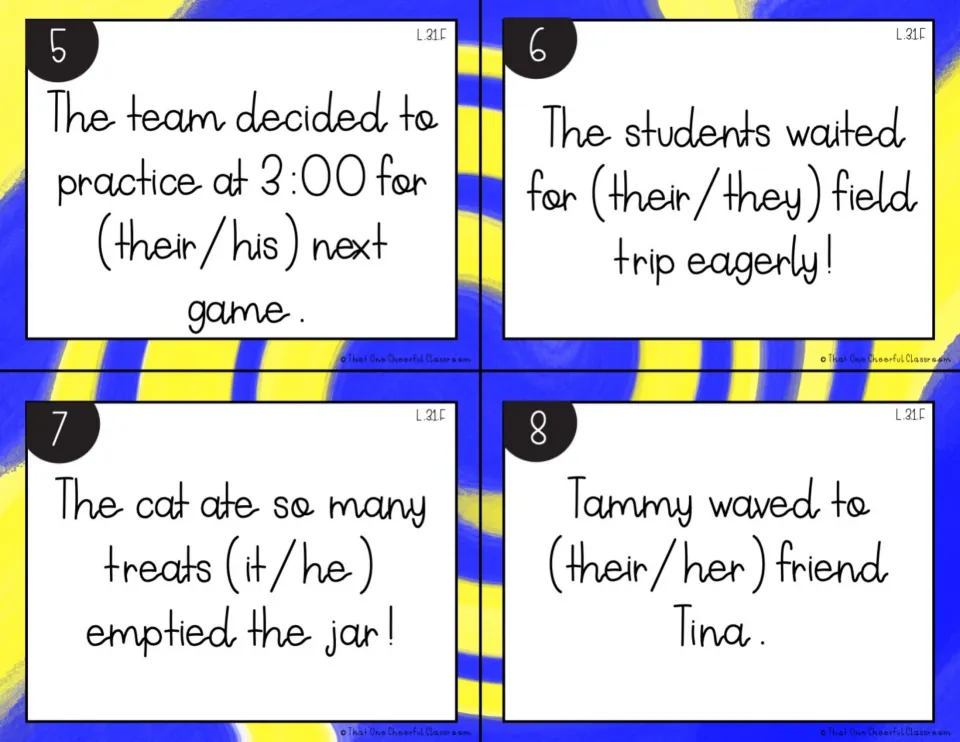Cards 5-8 on pronoun agreement: students pick their/his, their/they, it/he or their/her for team, students, cat, Tammy
