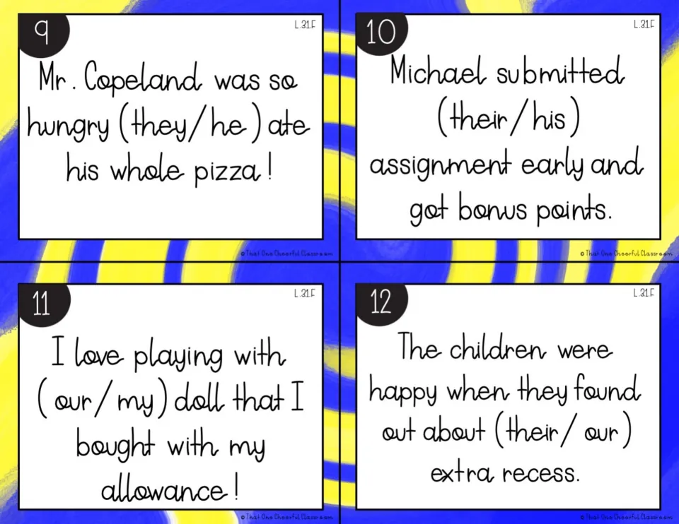 Cards 9-12 on matching pronouns to antecedents: choose he, his, my or their for Mr. Copeland, Michael, I and children
