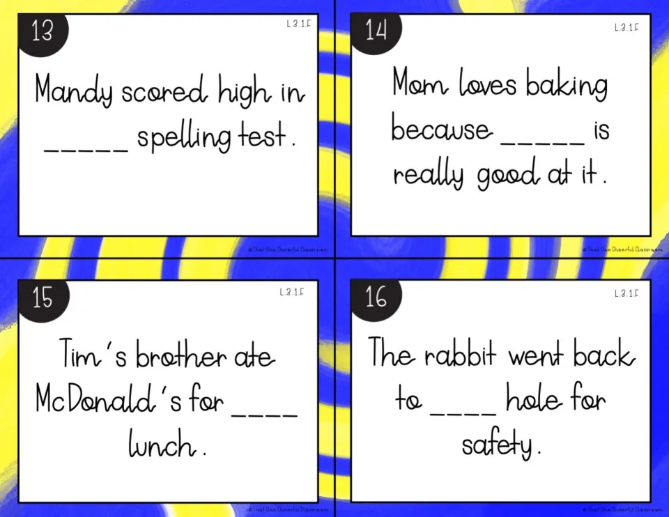 Fill-in-the-blank pronoun cards 13-16: students write the pronoun for Mandy, Mom, Tim's brother and the rabbit