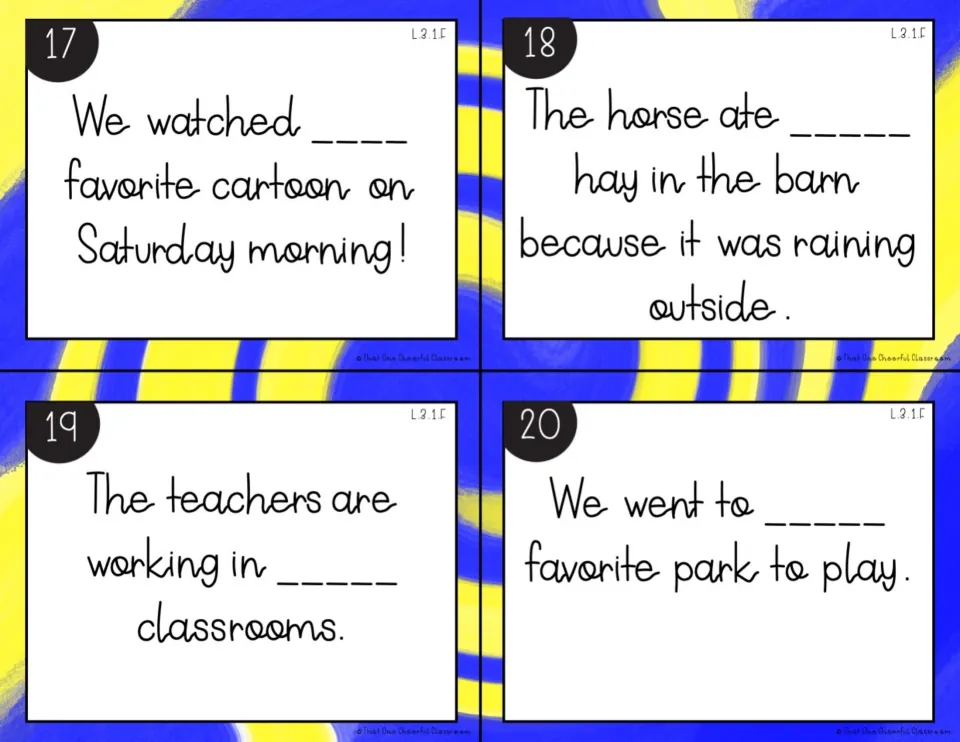 Cards 17-20 on pronoun blanks: students supply a possessive pronoun matching We, the horse and the teachers