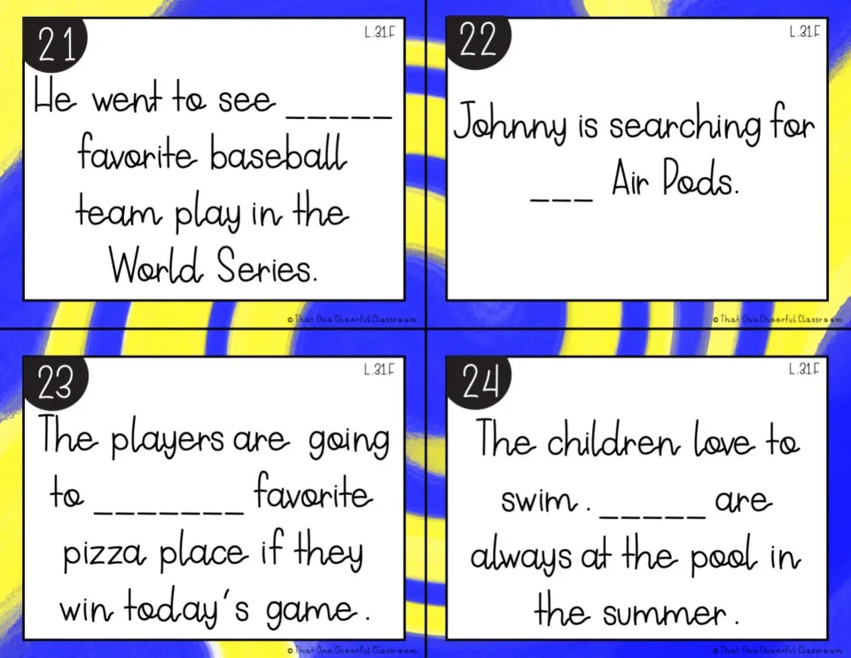Cards 21-24, pronoun blanks: students fill in a pronoun matching He, Johnny, the players and the children in each item